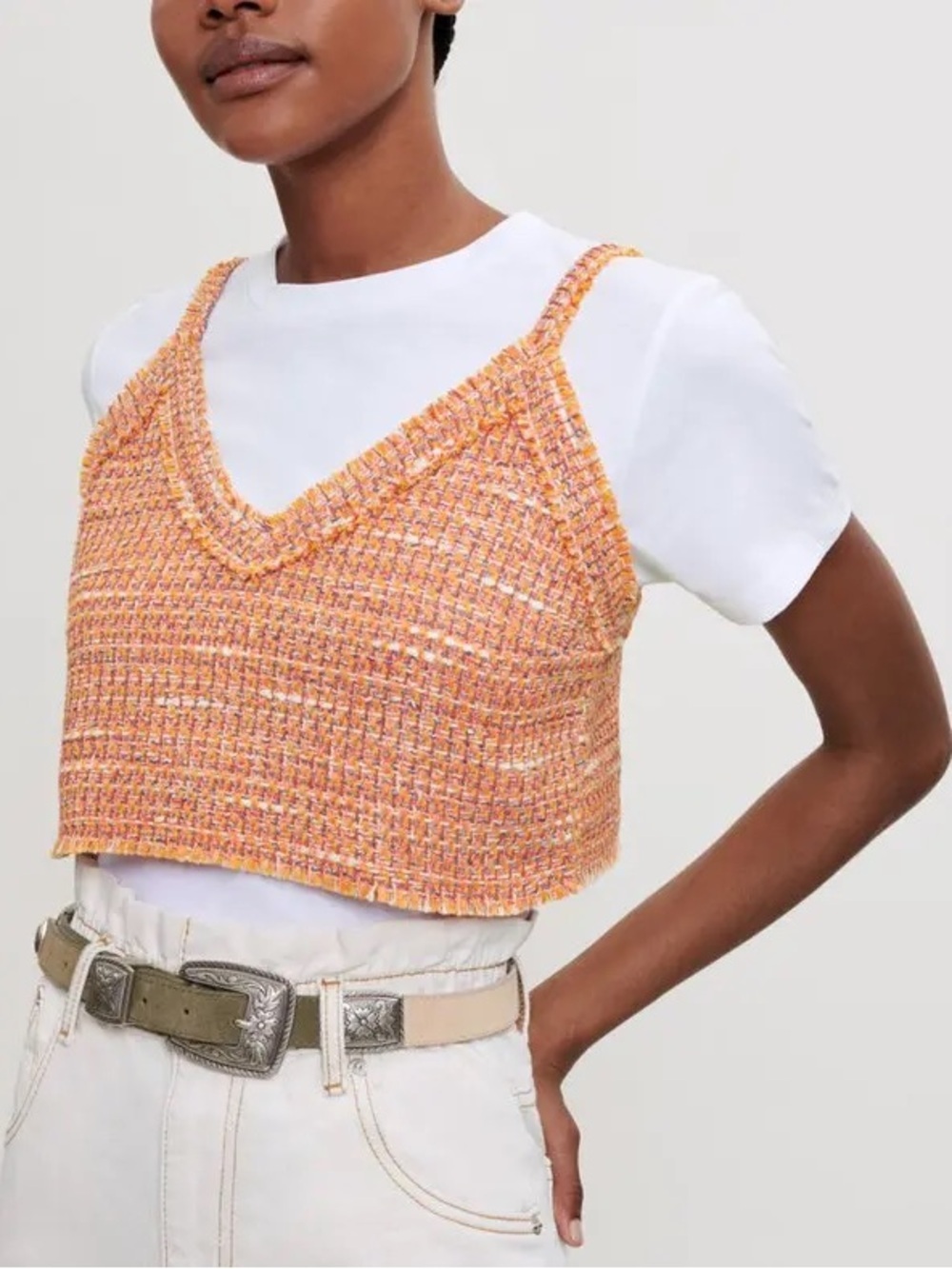 Maje Orange Tweed Cropped V‑Neck Tank